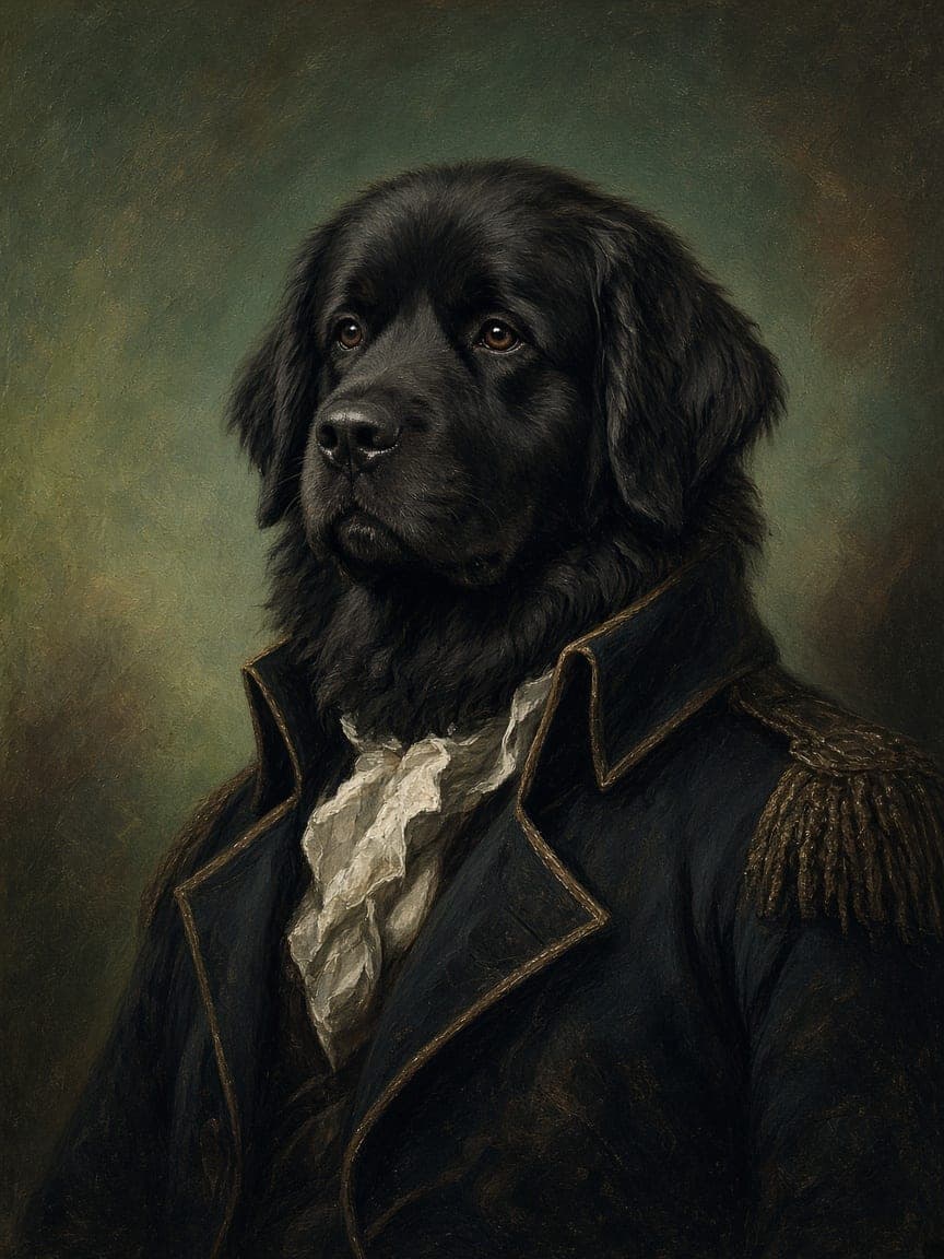 Studio example. A Newfoundland painted as an admiral, in oil.