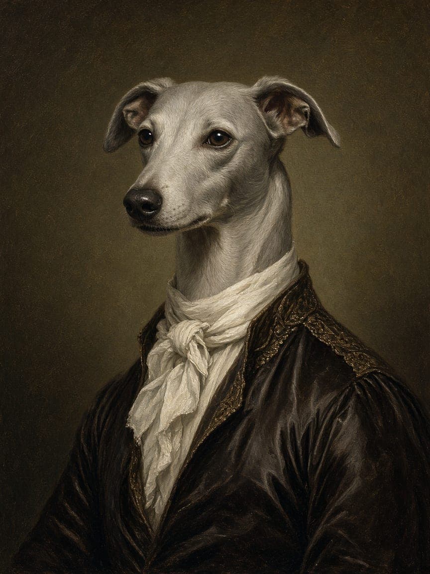 Studio example. A greyhound painted as an aristocrat, in oil.