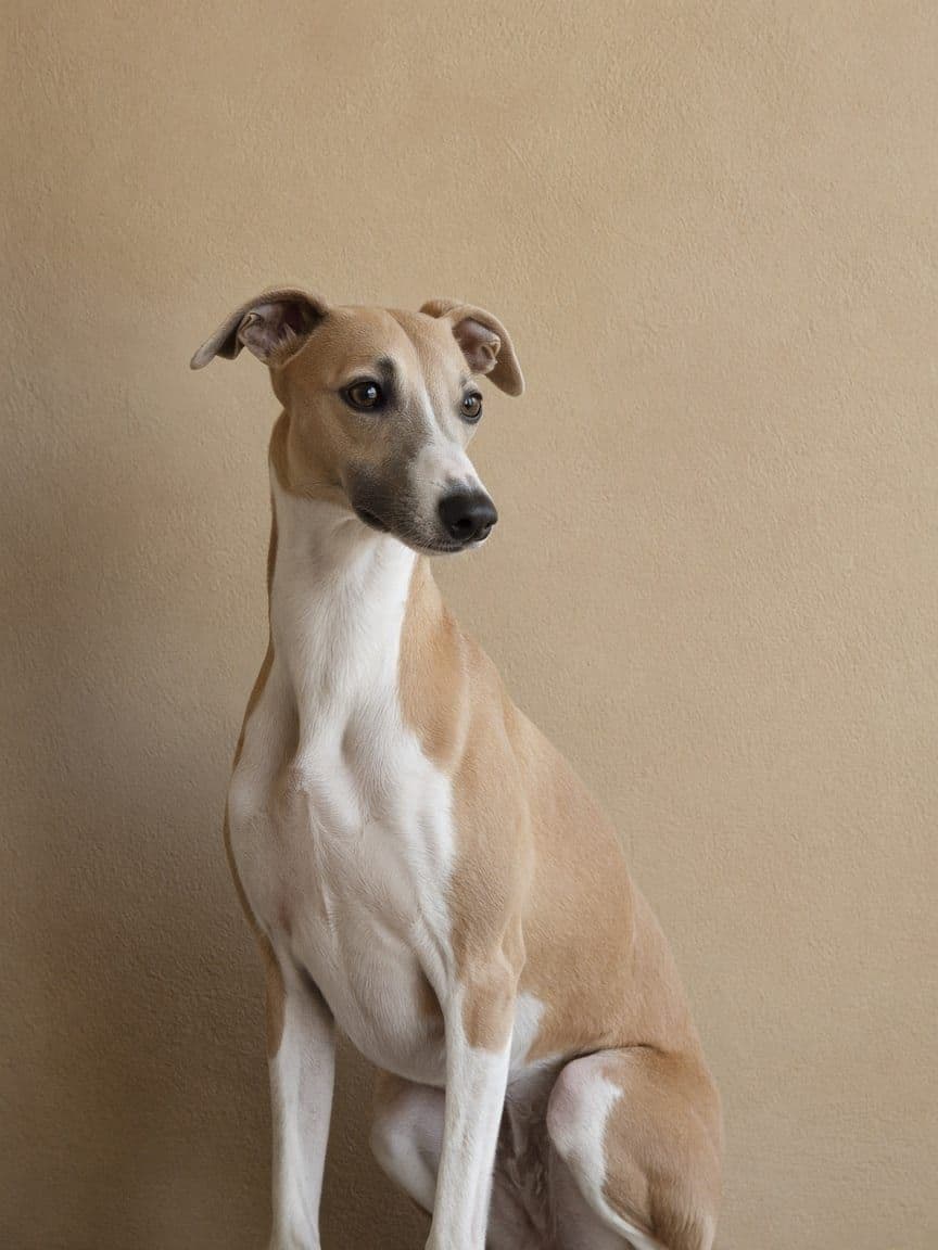 Studio example. A photograph of a fawn whippet, before the portrait.
