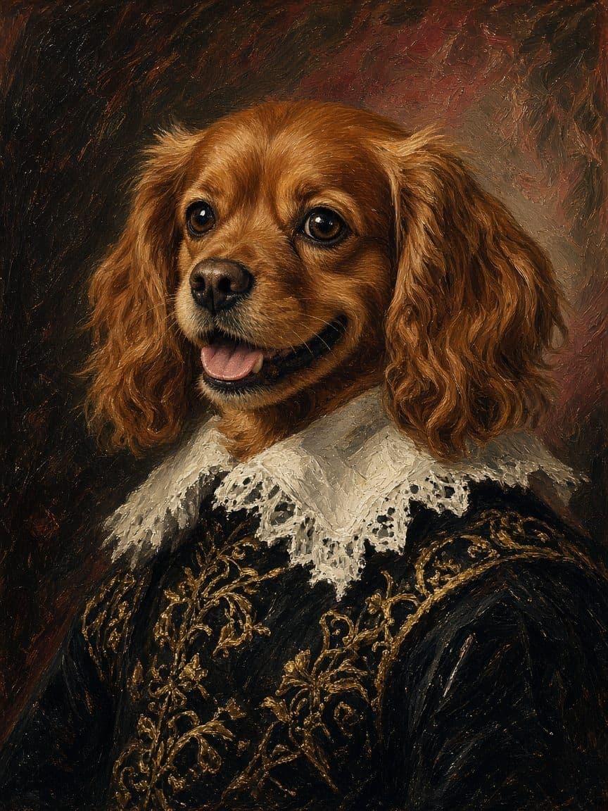 Studio example. A Cavalier King Charles spaniel painted after Frans Hals.