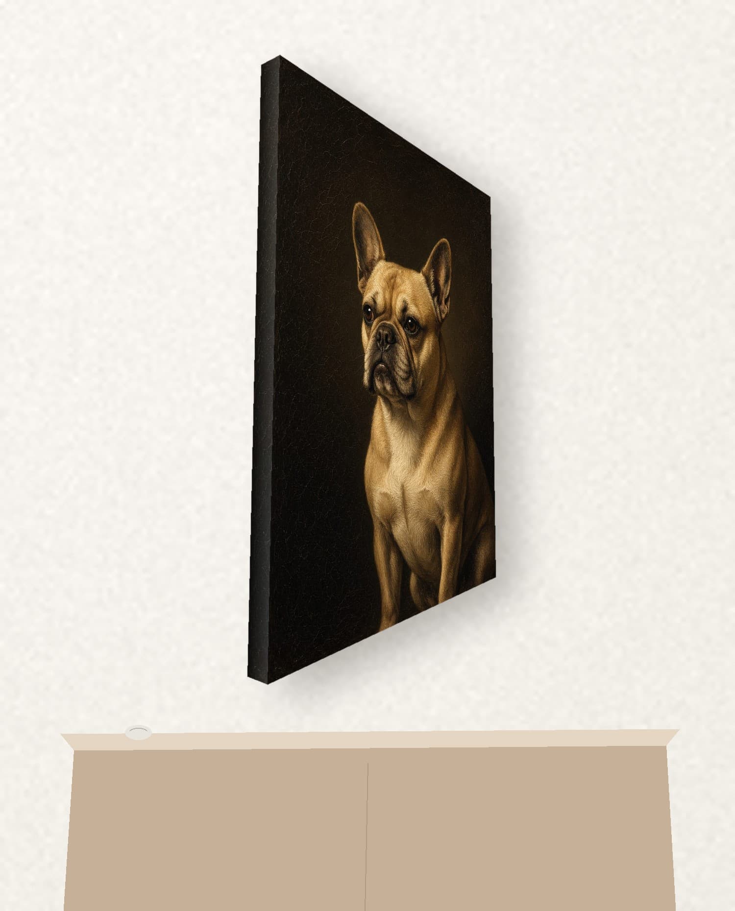 Gallery-wrap canvas of the studio example, hung at an angle above a sideboard so the side is visible.