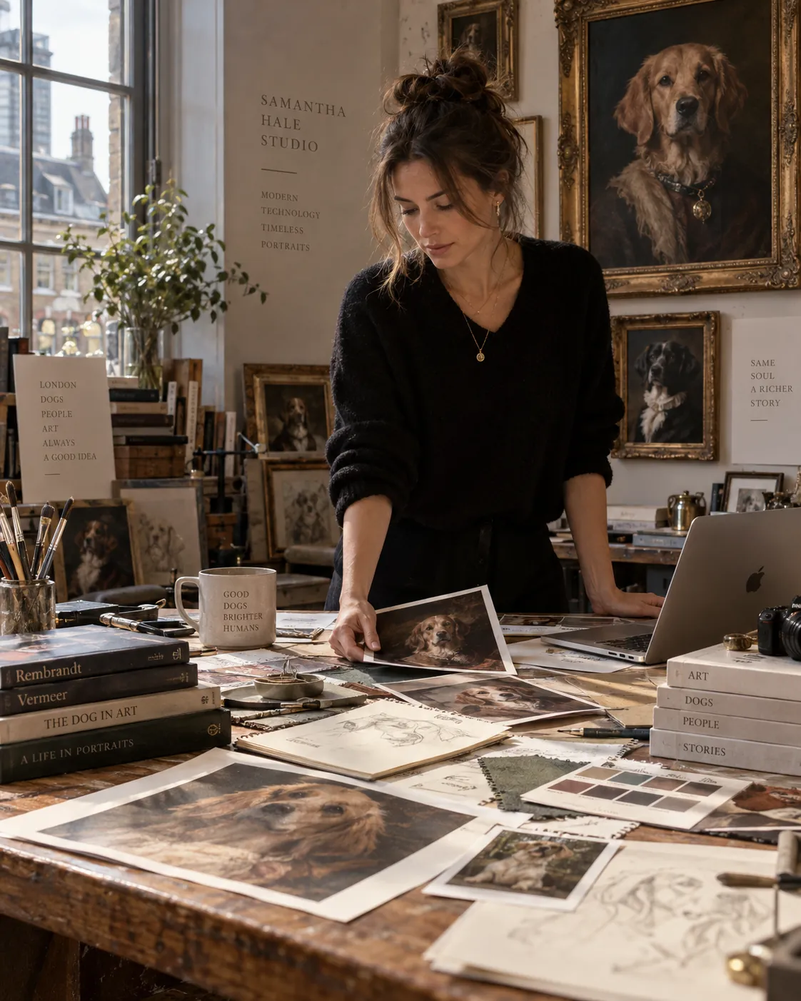 The studio: portraits, sketches and swatches on a worktable.